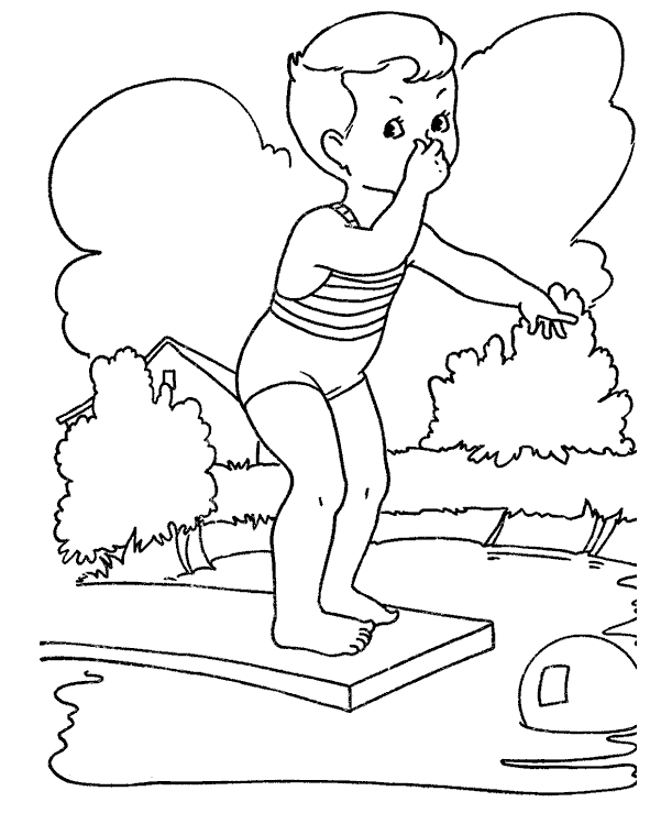 Раскраска лето | детские раскраски, распечатать, скачать, мальчик прыгает с трамплина 