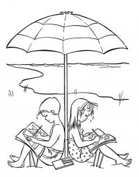 Раскраска лето, мальчик с девочкой раскрашивают раскраски под зонтиком на пляже 