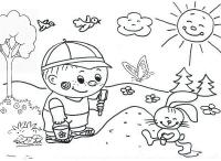 Раскраски для малышей: теплое лето, мальчик играет с песком, заяц, бабочка 