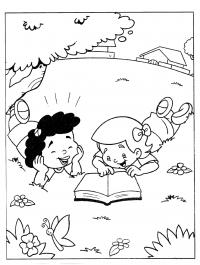 Раскраски лето праздник 1 июня день защиты детей дети девочка мальчик книга дерево лето луг 