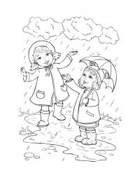 Детские раскраски для девочек и мальчиков, девочки играют под дождем 