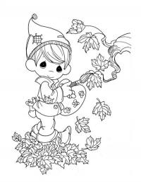 Детские раскраски для девочек и мальчиков, мальчик раскрашивает листья 