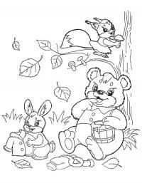 Детские раскраски для девочек и мальчиков, мишка с медом, зайчик с шубкой, белочка с грибочком, падающие листья 