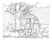 Детские раскраски для девочек и мальчиков, дети идут под зонтом, дождь, собака 
