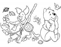 Детские раскраски для девочек и мальчиков, пятачек выметает листья и винни пух, мультфильм 