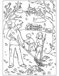 Детские раскраски для девочек и мальчиков, дети убирают листья в саду 