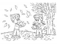 Детские раскраски для девочек и мальчиков, мальчик с девочкой собирают листья 