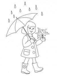 Раскраска осень, девочка под зонтиком с листочком, дождь 