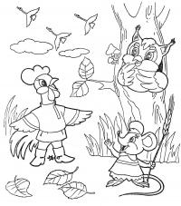 раскраски времена года - осень, животные в лесу, мышь, сова, петух 