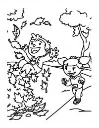 Раскраска осенью детская, прыжки на гору листьев, дети 