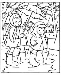 Осень, дети идут под зонтом в школу 