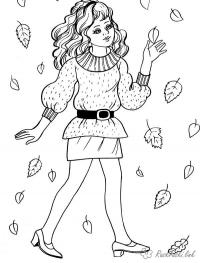 Раскраски осень девочкам, девочка, листья, осень, костюм 