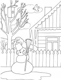 Рисунок по теме весна, снеговик тает возле двора 