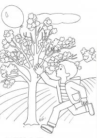 Раскраска: весна пришла, мальчик бежит за шариком 