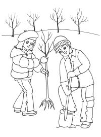 Разукрашки с праздником весны марта, дети сажают деревья 