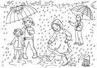 Раскраска майский дождь, дети веселятся с зонтиками 