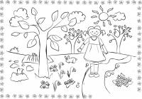 Раскраски деткам: все раскраски о весне, девочка идет по лесной тропинке 