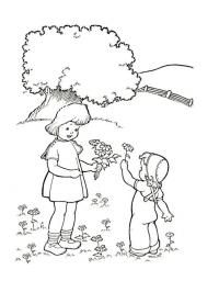 Раскраска весна ребенку, дети собирают цветы 