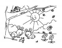 Раскраска весна детям, кролики резвятся на полянке 