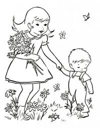 Раскраска весна дети, сестрица с братцем собирают цветы 