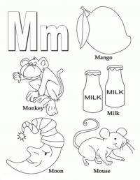 Раскраска английский алфавит, обезьянка, молоко, луна 