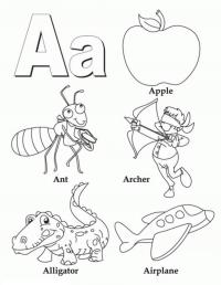 Буквы английского алфавита. раскраска обучающая, яблоко, муравей, аллигатор 