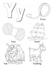 Раскраски английский алфавит для детей, пряжа, корабль, як 