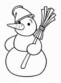 Раскраска для самых маленьких.  снеговик с метлой и ведром 