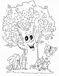 Детские раскраски для девочек и мальчиков.цветущее дерево с улыбкой 