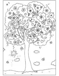 Детские раскраски для девочек и мальчиков. цветущее дерево с сердечками и бабочками 