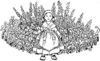 Детские раскраски для девочек и мальчиков, девочка на лужайке, полевые цветы 