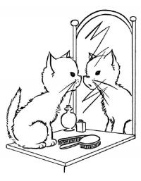 Детские раскраски для девочек и мальчиков, кошка смотрит в зеркало, отражение, расческа 