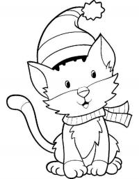 Детские раскраски для девочек и мальчиков, кошка в шапочке и шарфике 