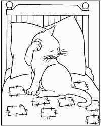 Распечатать раскраску кошка на кровати 