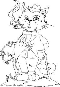 Распечатать раскраску кот с тростью и сигарой 