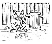 Распечатать раскраску кошка возле мусорного бака, рыбка 
