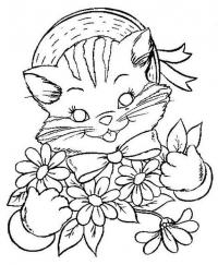 Раскраски кошки  кошка, шляпа, цветы, раскраски для детей 