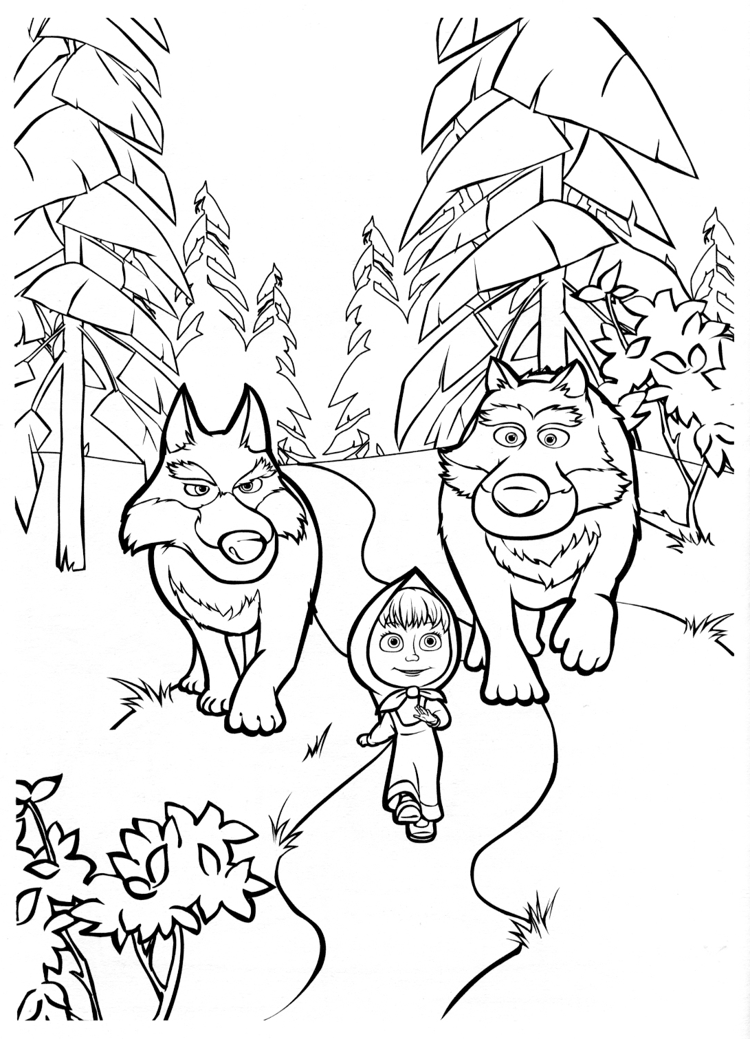 Рисунки для витражных красок из мульфильма маша и медведь. волки идут за машей 