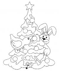 Новогодние раскраски (для витражей). заяц прячеися за елку 