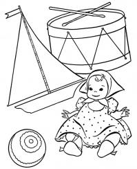 Детские раскраски для самых маленьких, кукла, барабан, кораблик, мяч 