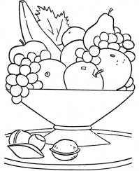 Детские раскраски с фруктами, ваза с фруктами ти орехами 