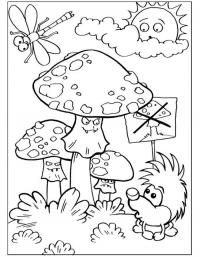 Детские раскраски для девочек и мальчиков, грибочки, мухоморы, ежик, стрекоза 