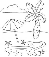 Раскраска море, зонтик и пальма 