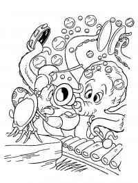 Раскраски морской морской осьминог играет на музыкальных инструментах, а краб ему дирижирует 