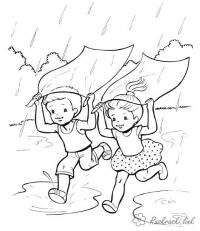 Раскраски дети праздник 1 июня день защиты детей дети игра лето под дождем лужи дождь 