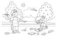 Раскраски дети праздник 1 июня день защиты детей дети самолетики бумажные игра лето 