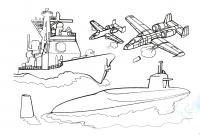 Раскраски корабли, подводные лодки, самолеты 