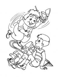Раскраски раскраски для детей по сказкам карлсон играет с мальчиком ухватившись за люстру на потолке 