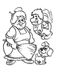 Раскраски раскраски для детей по сказкам бабушка с метелкой увидела карлсона с пропеллером, а под ногами у нее щенок 