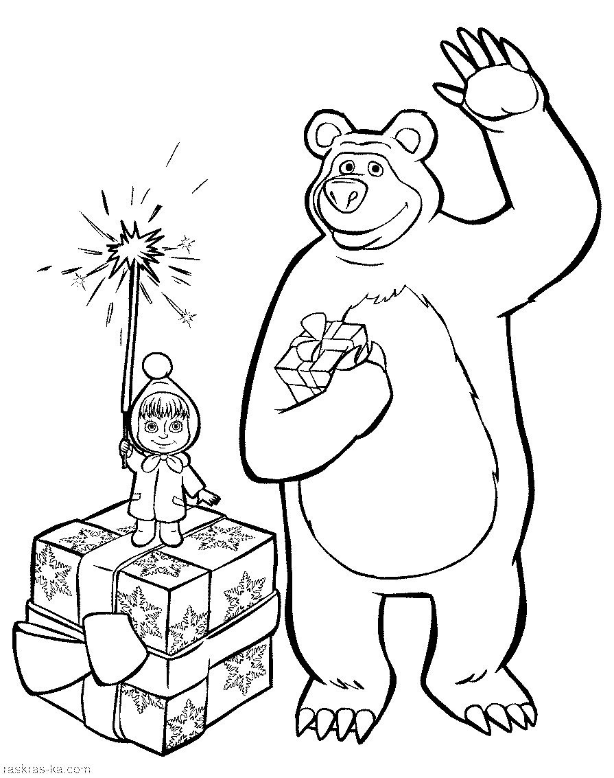 Раскраска маша и медведь. новый год 